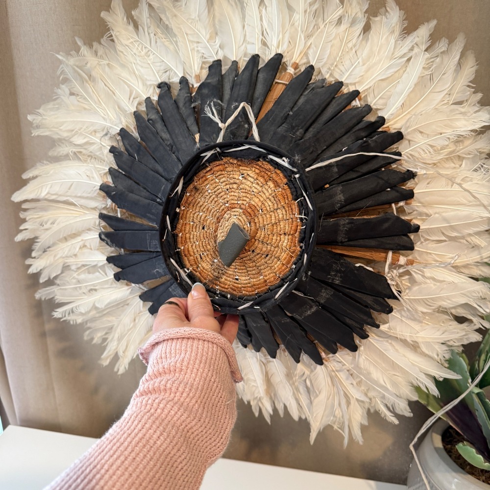 White Juju Hat Wall Decor Large Feather Bamileke Headdress Bohemian Wall Art